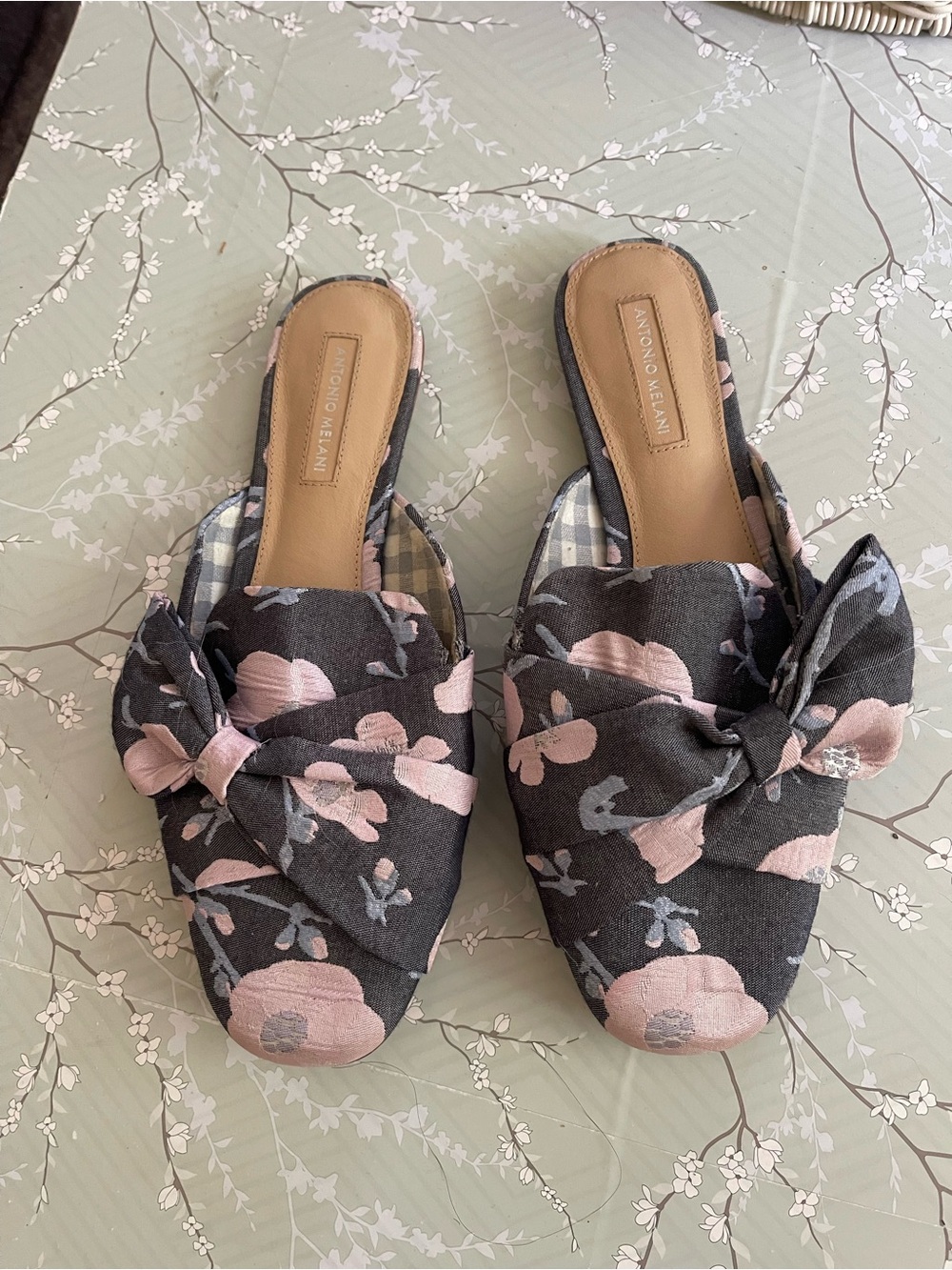 ANTONIO MELANI Black Mules with Pink Floral Bow